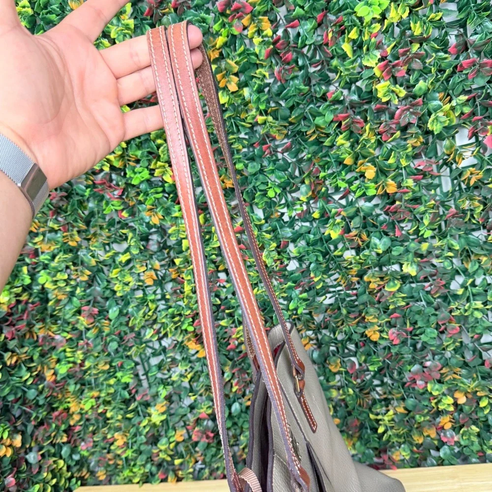 Dooney & Bourke Taupe Pebbled Leather Tote Bag Brown Trim Red Lining Medium